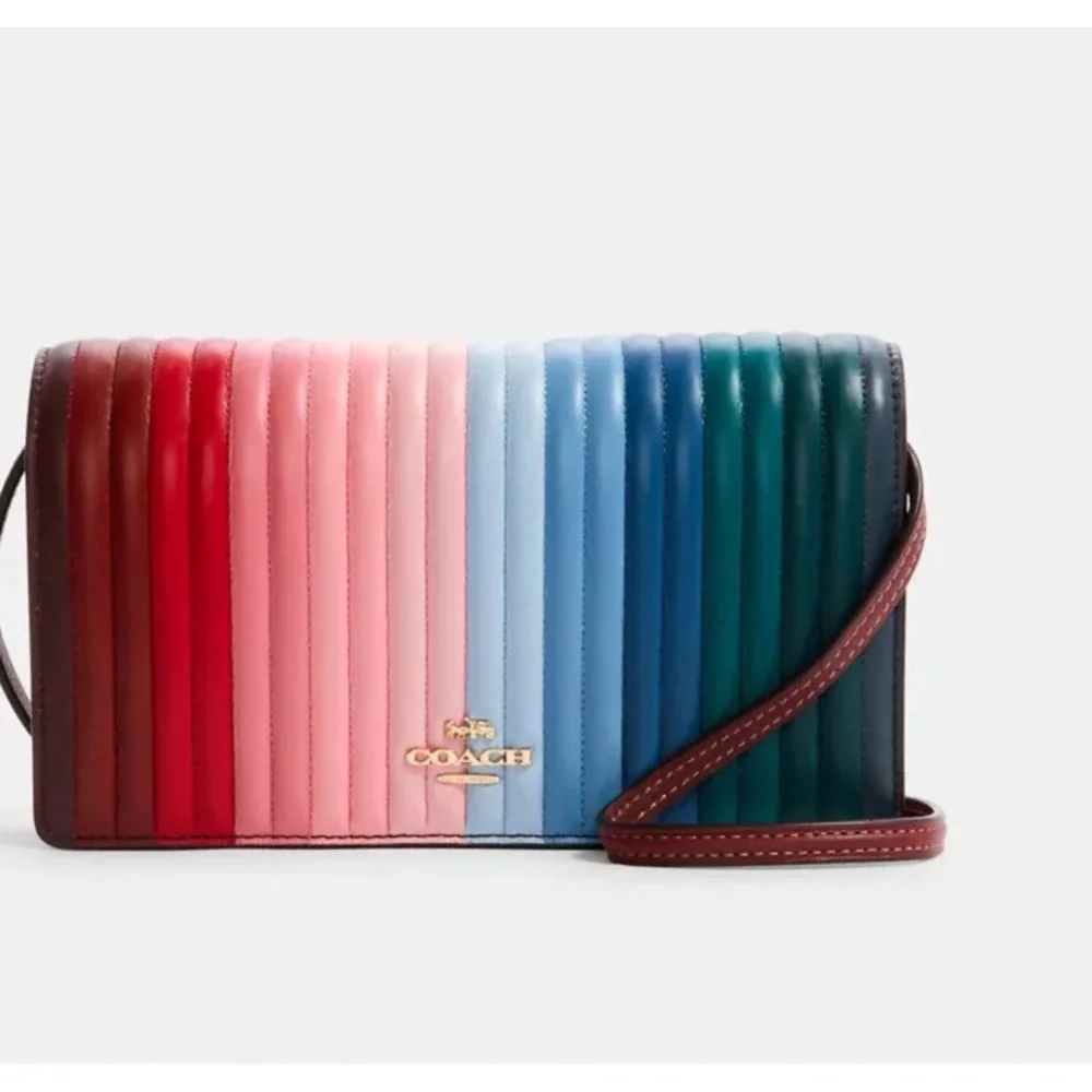 Coach Anna Foldover Crossbody Clutch Rainbow Linear Quilting Striped Leather EUC